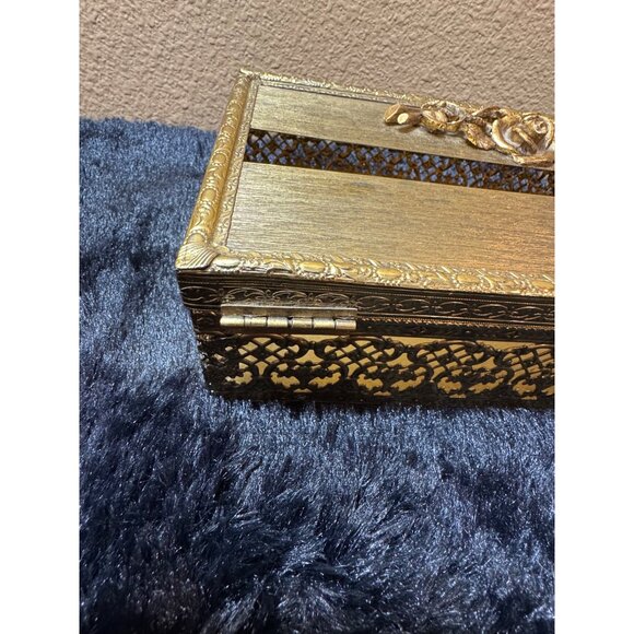 Vintage Ornate Gold Rectangular Metal Tissue Cover Box With Rose Hinged Lid - Picture 6 of 8